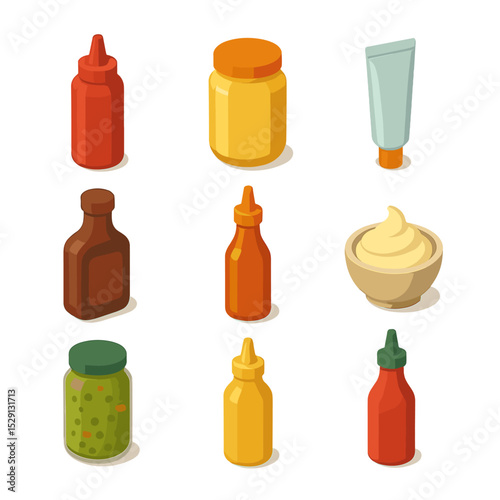 Sandwich Condiments Icons. Isometric Flat icon set of sandwich condiments: ketchup bottle, mustard jar, mayo tube, BBQ sauce, hot