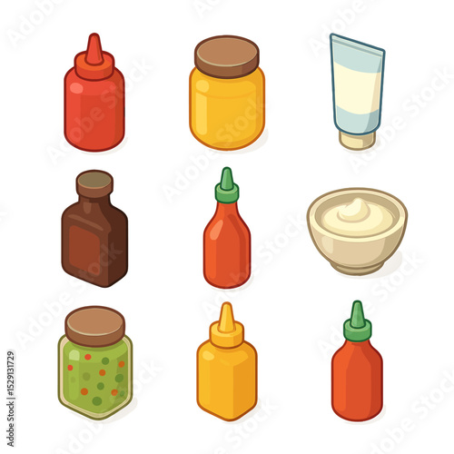 Sandwich Condiments Icons. Isometric Flat icon set of sandwich condiments: ketchup bottle, mustard jar, mayo tube, BBQ sauce, hot