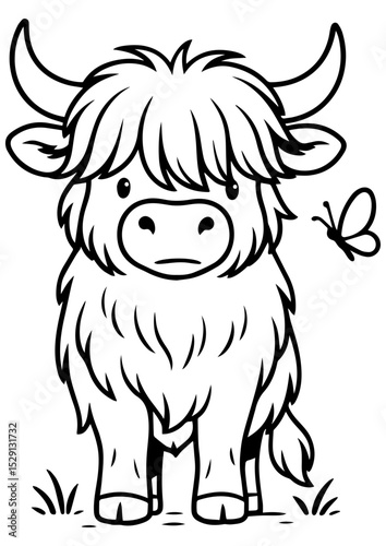 Cute Highland cow character with a butterfly on white background. Black and white vector ideal for engraving, print, logos, and illustrations