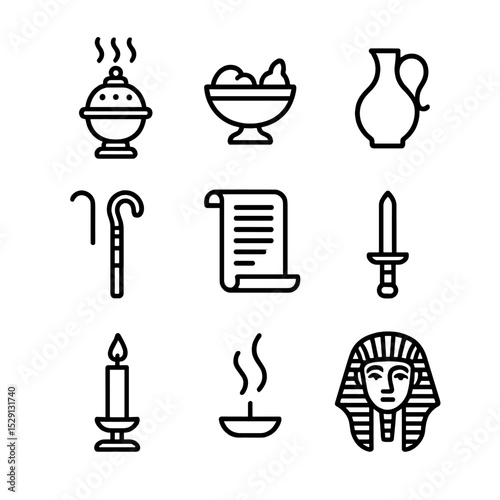 Sarcophagus Ritual Icons. Outline icon set of sarcophagus religious rituals: incense burner, offering bowl, libation jug, priest’s
