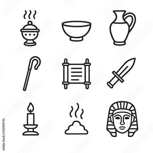 Sarcophagus Ritual Icons. Outline icon set of sarcophagus religious rituals: incense burner, offering bowl, libation jug, priest’s