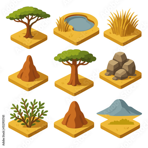 Savannah Icon Set. Isometric Flat icon set of savannah landscape elements: acacia tree, watering hole, tall grass, termite mound,