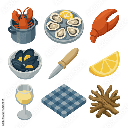 Isometric Seafood Icon Set. Isometric Flat icon set of fresh seafood dining experiences: lobster pot, oyster platter, crab claw,