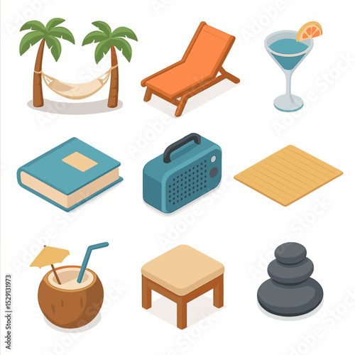 Seaside Relaxation Icons. Isometric Flat icon set of seaside relaxation: hammock between palms, lounge chair, cocktail glass, book