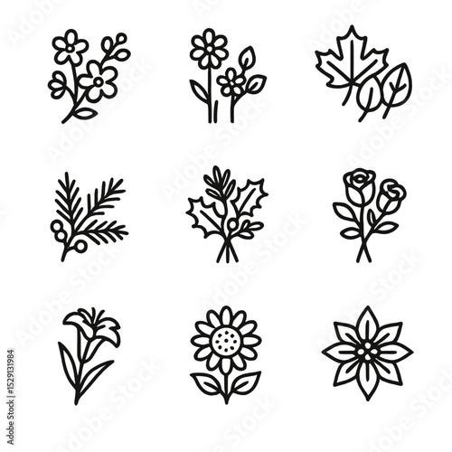 Seasonal Icon Set. Outline icon set of seasonal themes: spring blossoms, summer wildflowers, autumn leaves, winter greens, holiday