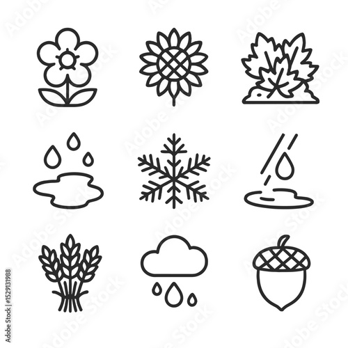 Seasonal Fairy Icons. Outline icon set of seasonal fairy themes: spring blossom, summer sunflower, autumn leaf pile, winter