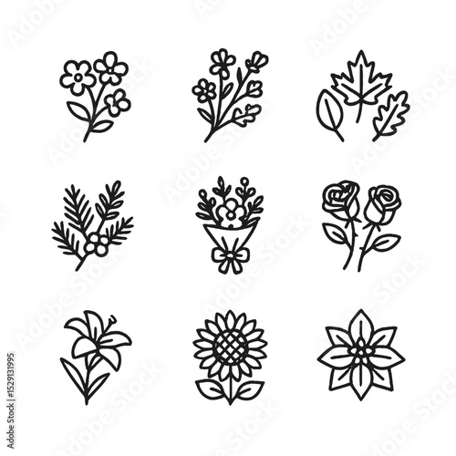 Seasonal Icon Set. Outline icon set of seasonal themes: spring blossoms, summer wildflowers, autumn leaves, winter greens, holiday