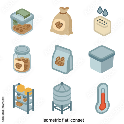 Seed Storage Icons. Isometric Flat icon set of seed storage solutions: airtight container, seed bag sack, moisture absorber,