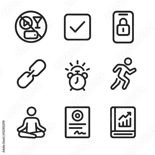 Self-Discipline Icon Set. Outline icon set of self-discipline: crossed-out distractions, checklist tick, locked phone, habit chain