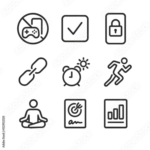 Self-Discipline Icon Set. Outline icon set of self-discipline: crossed-out distractions, checklist tick, locked phone, habit chain