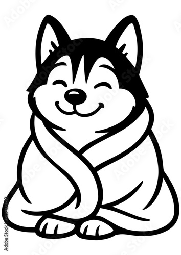 Cute husky puppy wrapped in a blanket, smiling. Black and white vector perfect for engraving, logos, prints, and creative projects