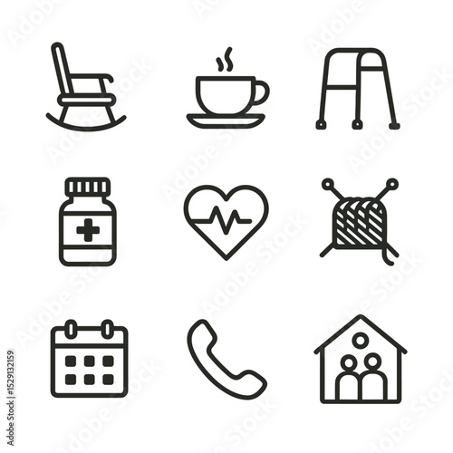 Senior Support Icons. Outline icon set of senior support circles: rocking chair, tea cup, walker, pill bottle, heart monitor,