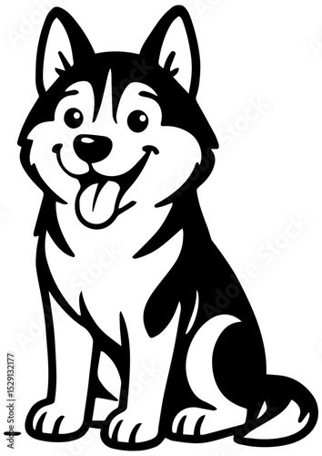 Black and white vector of a happy husky dog sitting with tongue out — perfect for engraving, logos, prints, and creative illustration projects