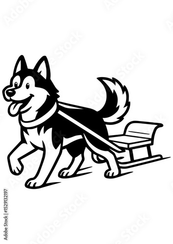 Happy husky pulling dog sled with tongue out. Black and white vector for engraving, logo, print, book, and creative design projects