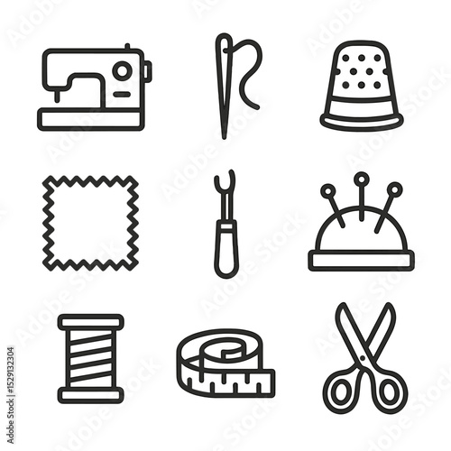 Sewing Essentials Icons. Outline icon set of sewing essentials: sewing machine, needle and thread, thimble, fabric swatch, seam
