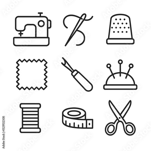 Sewing Essentials Icons. Outline icon set of sewing essentials: sewing machine, needle and thread, thimble, fabric swatch, seam