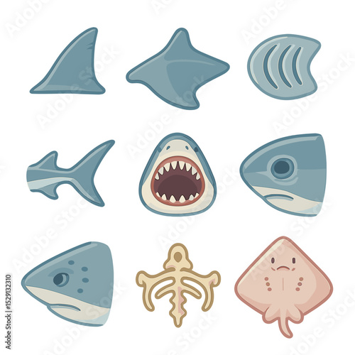 Shark and Ray Anatomy. Isometric Flat icon set of shark and ray anatomy: dorsal fin, pectoral fin, gill slits, tail caudal fin,