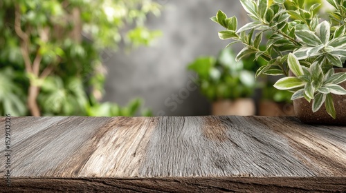 Wooden table surface with blurred green plants background for product display.