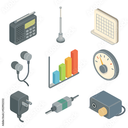 Shortwave Radio Icons. Isometric Flat icon set of shortwave listening: portable SW radio, telescopic antenna, frequency notebook,