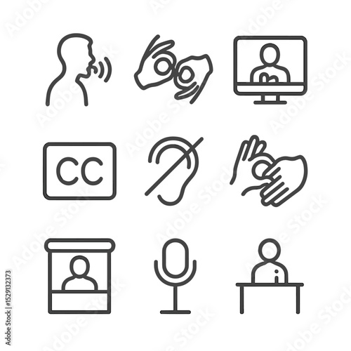 Sign Language Icons. Outline icon set of sign language and communication services: interpreter silhouette, sign language icon,