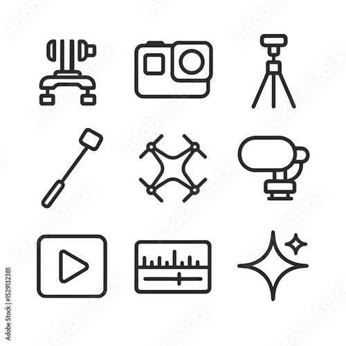 Skate Gear Icons. Outline icon set of skate photography and video gear: GoPro mount, action camera, tripod stand, selfie stick,