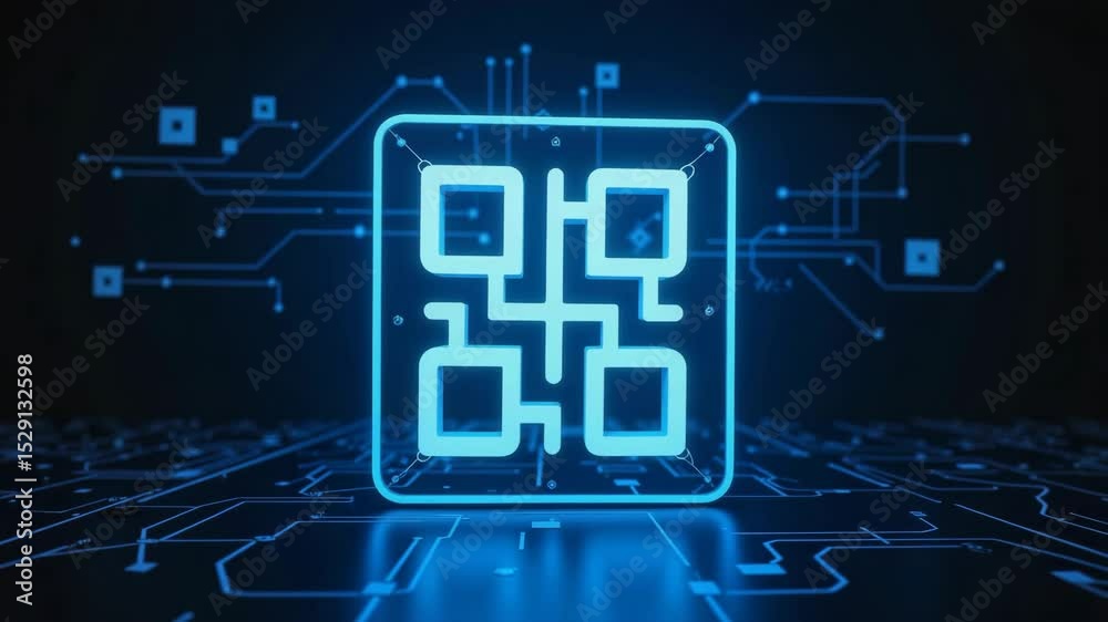 Neon QR code with digital circuits on dark background  
