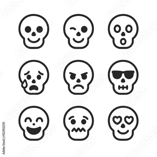 Skull Emoji Expressions. Outline icon set of skull emoji expressions: smiling skull, winking skull, surprised skull, crying skull,