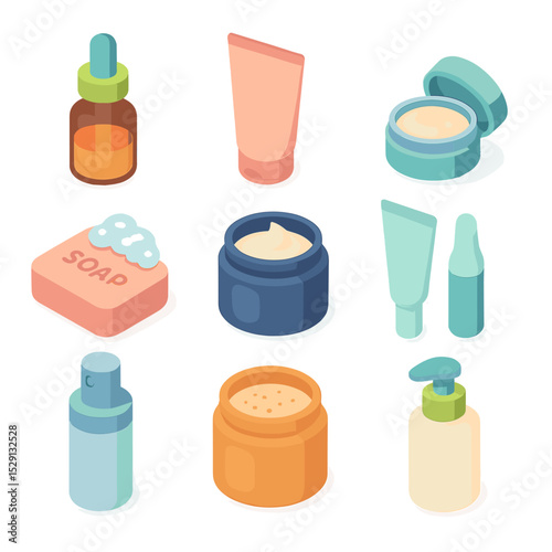 Skincare Icon Set. Isometric Flat icon set of skincare product varieties: facial serum bottle, body lotion tube, lip balm tin,
