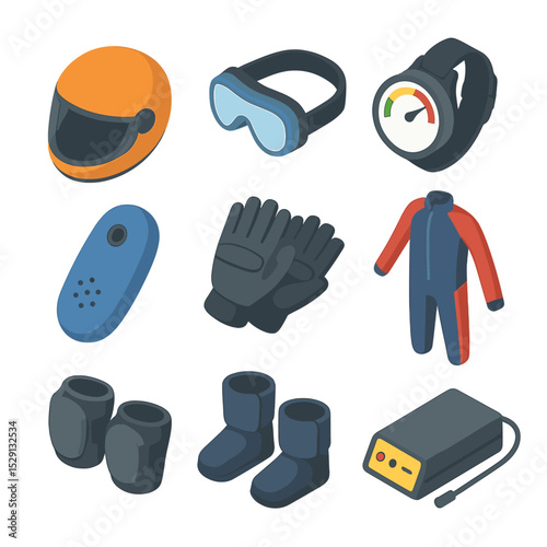 Skydiving Gear Icons. Isometric Flat icon set of skydiving safety equipment: helmet, goggles, altimeter wrist, audible altimeter,