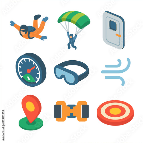 Skydiving Icon Set. Isometric Flat icon set of Skydiving Experiences: skydiver freefall pose, parachute canopy open, airplane door