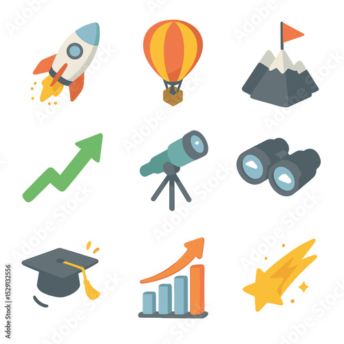 Skyward Icon Set. Isometric Flat icon set of Skyward Ambitions: rocket launch, hot air balloon, mountain peak flag, ascending