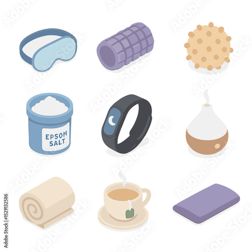 Sleep and Recovery Icons. Isometric Flat icon set of sleep and recovery routines: night mask, foam roller, massage ball, Epsom