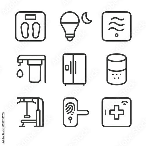 Smart Home Health Icons. Outline icon set of smart home health: smart scale, sleep-smart bulb, air quality sensor, water purifier,