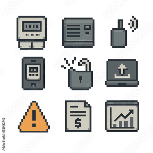 Smart Metering Icons. Pixel art icon set of smart metering infrastructure: advanced meter, data concentrator, RF module, meter