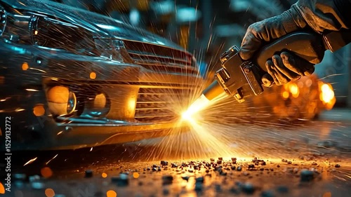 Intense Auto Repair: Sparks Fly During Metal Welding