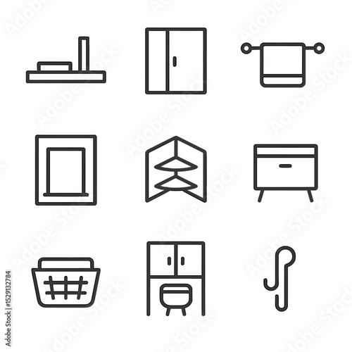 Smart Storage Icons. Outline icon set of smart storage solutions: floating shelf, medicine cabinet, towel rack, built-in niche,
