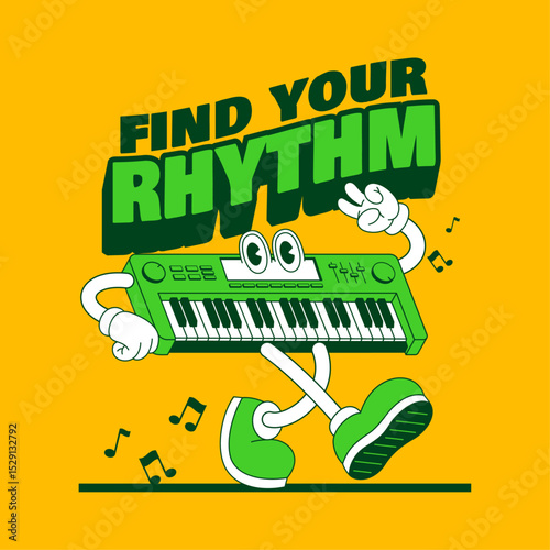 T-Shirt Design of Vintage Piano Cartoon Illustration
