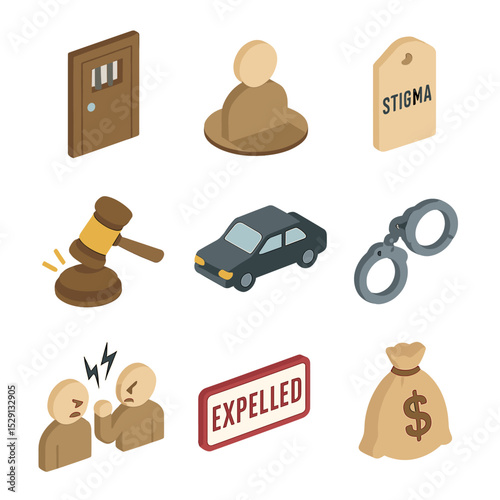Social Consequences Icons. Isometric Flat icon set of social and legal consequences: isolation door, lonely avatar, stigma label,