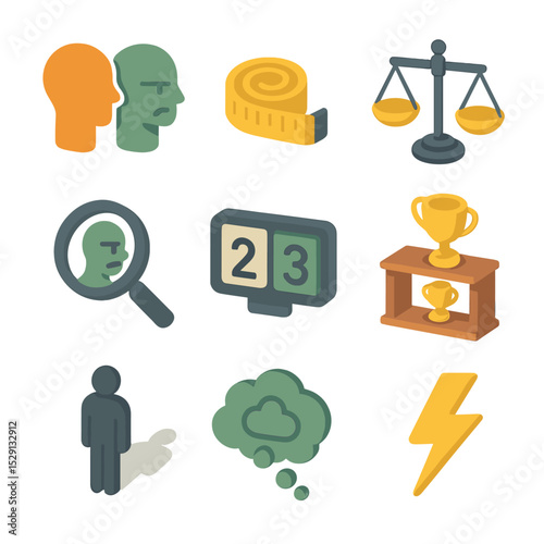 Social Comparison Icons. Isometric Flat icon set of social comparison and envy: side-by-side profiles, measuring tape, balance