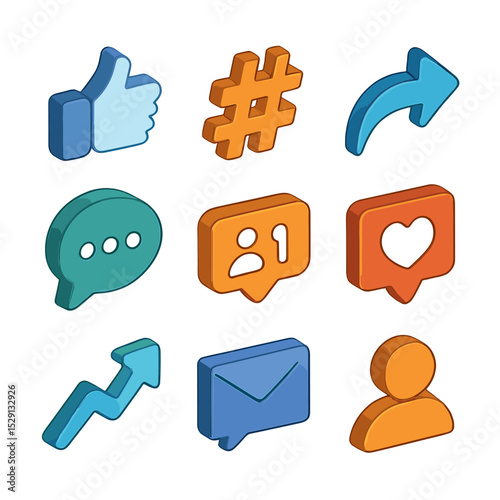 Social Media Icon Grid. Isometric Flat icon set of social media networking icons: thumbs up, hashtag, share arrow, comment bubble,