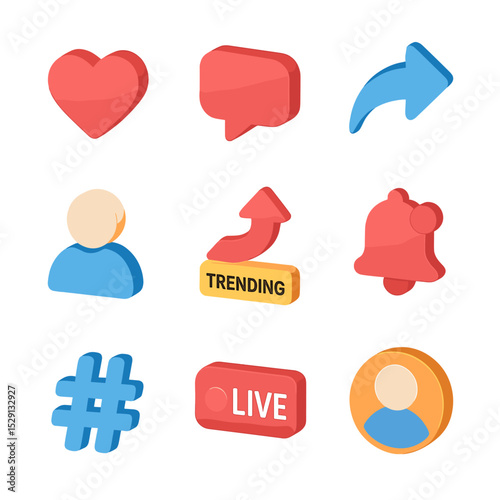 Social Media Icon Grid. Isometric Flat icon set of social media engagement: like heart, comment bubble, share arrow, follower