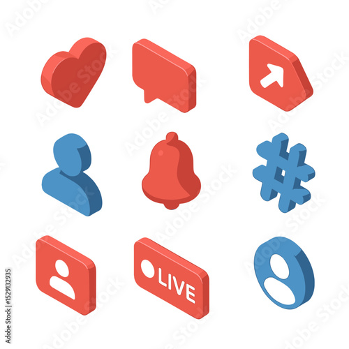Social Media Icon Grid. Isometric Flat icon set of social media engagement: like heart, comment bubble, share arrow, follower