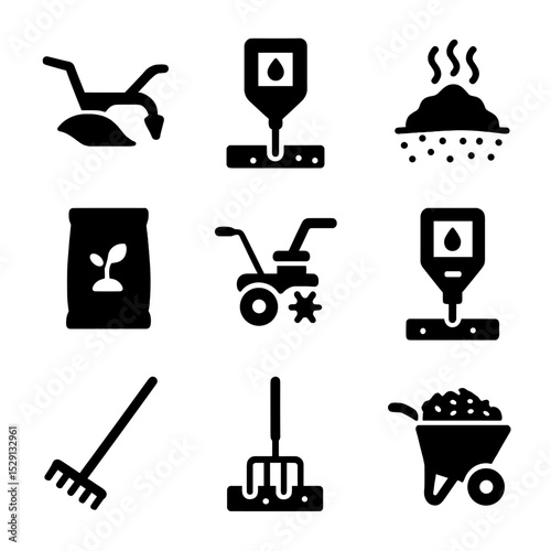 Soil Prep Icons. Solid, Filled icon set of soil preparation techniques: plow, soil tester, compost pile, fertilizer bag, tiller,