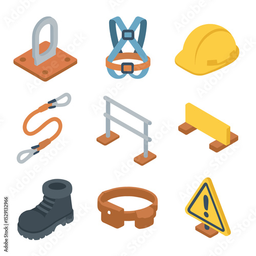 Solar Safety Gear Icons. Isometric Flat icon set of roof safety equipment for solar installation: roof anchor, safety harness,