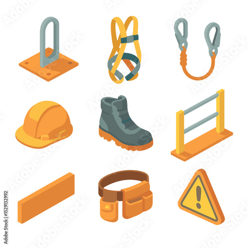 Solar Safety Gear Icons. Isometric Flat icon set of roof safety equipment for solar installation: roof anchor, safety harness,
