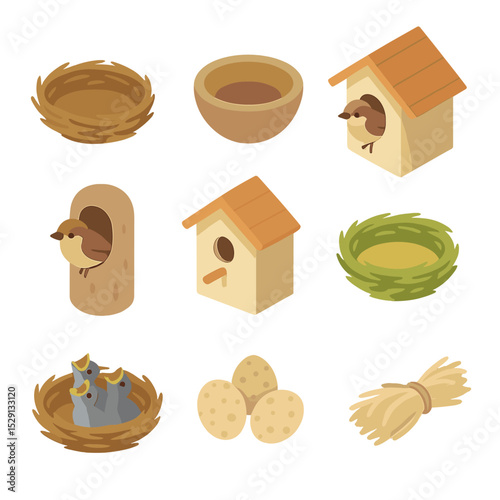 Sparrow Nest Icon Set. Isometric Flat icon set of sparrow nesting: twig nest, mud cup nest, roof eaves nest, cavity nest,