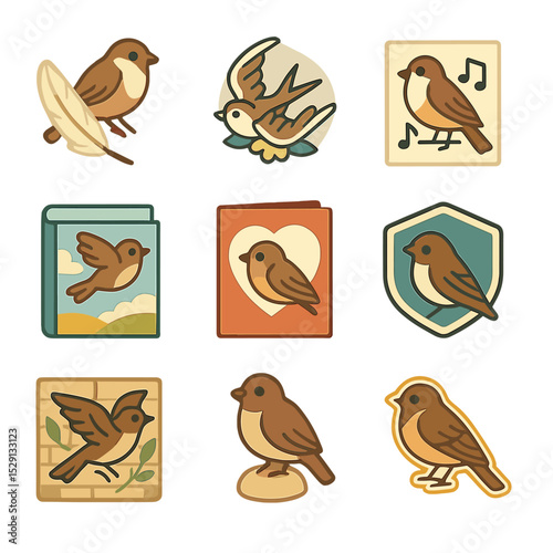 Sparrow Icon Set. Isometric Flat icon set of sparrow in culture: poetry quill, tattoo design, folk song sheet, children’s book,