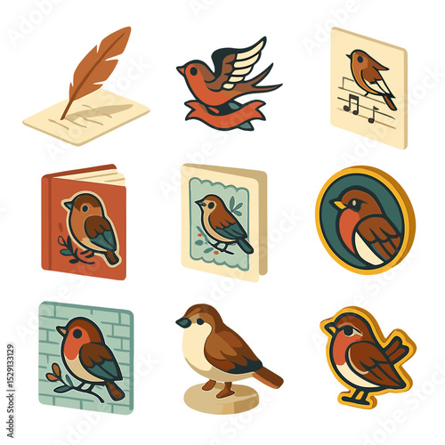Sparrow Icon Set. Isometric Flat icon set of sparrow in culture: poetry quill, tattoo design, folk song sheet, children’s book,