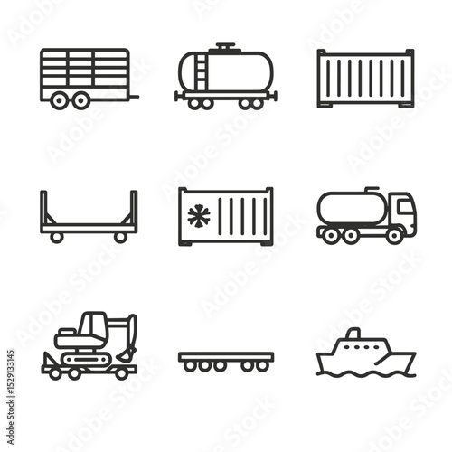 Special Cargo Icons. Outline icon set of special cargo: livestock trailer, tanker wagon, open-top container, flat rack,