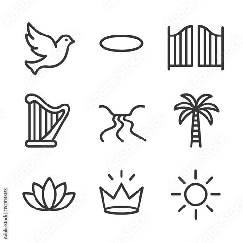 Spiritual Icon Set. Outline icon set of spiritual paradise of the Promised Land: white dove, golden halo, open gates, harp, river